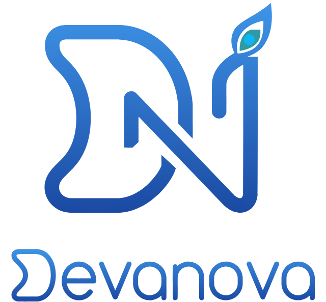 Devanova logo: D and N monogram with a single feather and eye, and the name Devanova